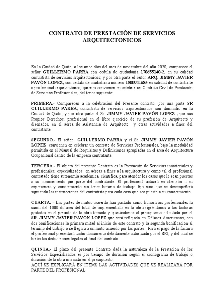 Contrato de Prestacion de Servicios Guillermo Parra PDF Arquitecto Presupuesto