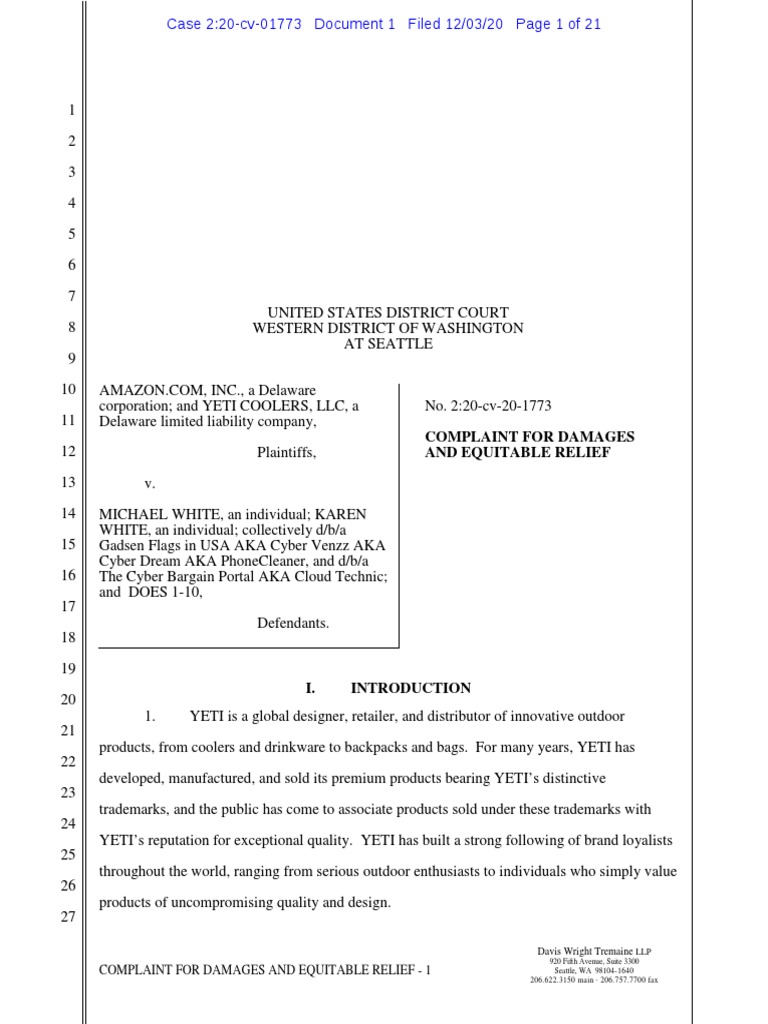 Amazon and YETI File Counterfeit Lawsuit PDF Trademark Counterfeit