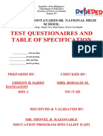Test Questionaires and Table of Specification: Emeliano S. Fontanares Sr. National High School