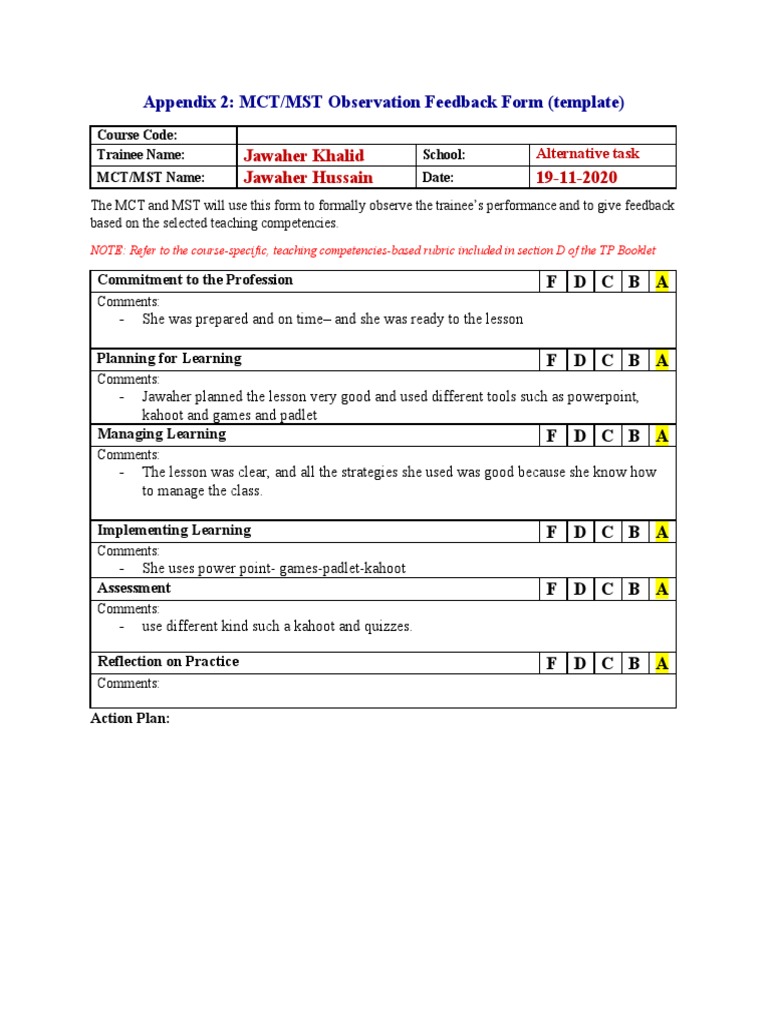 Appendix 2: MCT/MST Observation Feedback Form (Template) : Jawaher ...