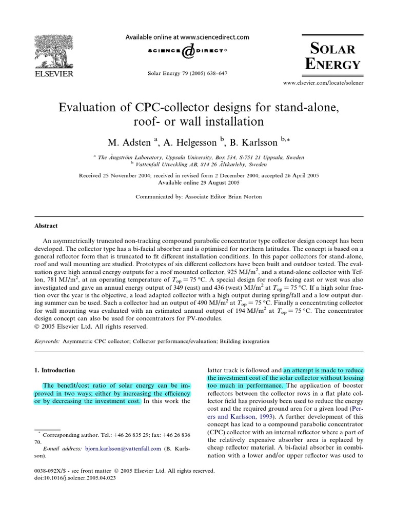 CPC Collector Design Evaluation | PDF | Solar Energy | Mirror