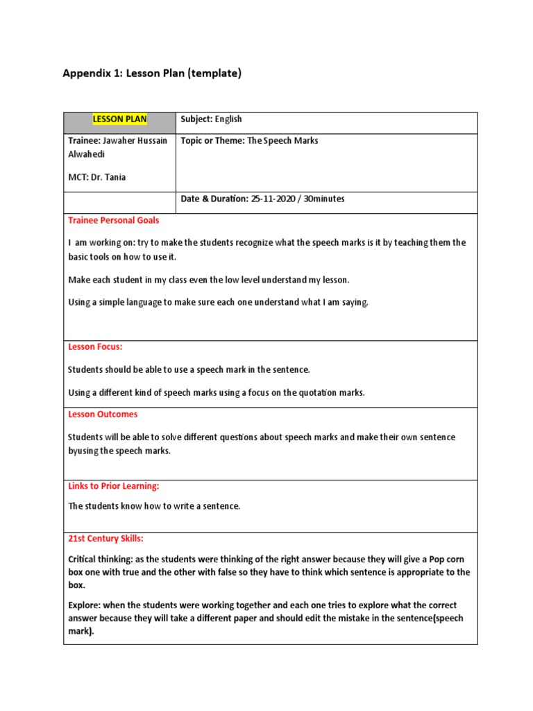 Appendix 1: Lesson Plan (Template) : Trainee Personal Goals | PDF ...