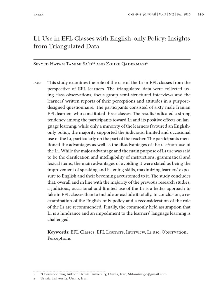 L1 Use in EFL Classes With English Only | PDF | English As A Second Or ...