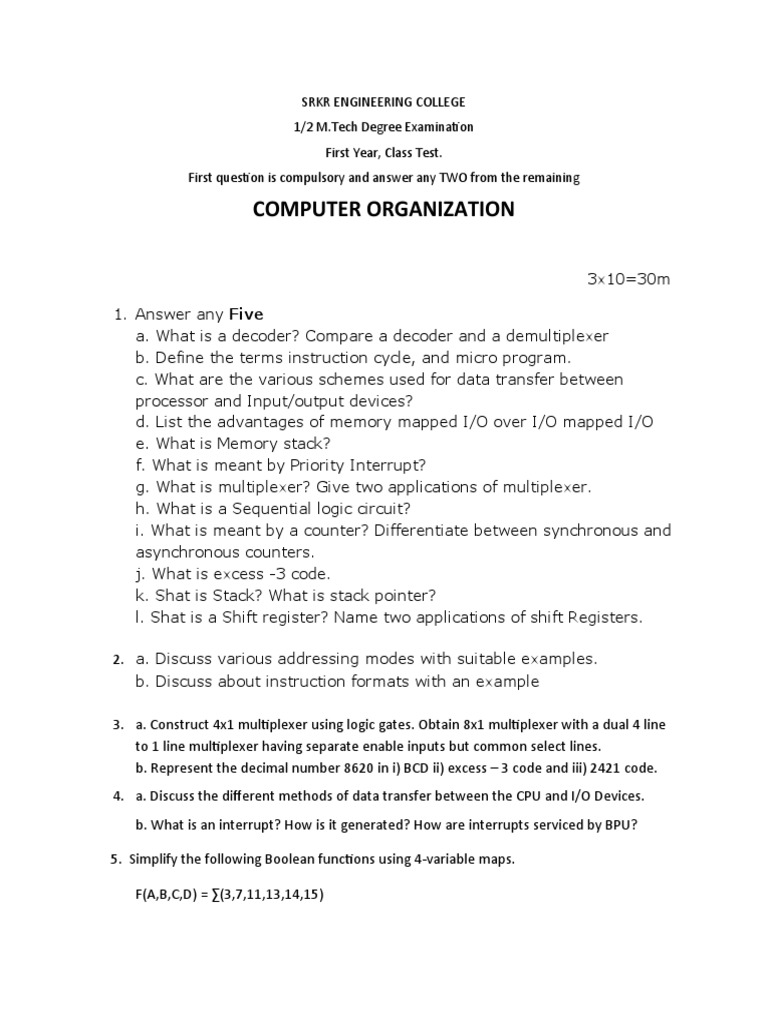 M.Tech Computer Organization Class Test | PDF | Computers