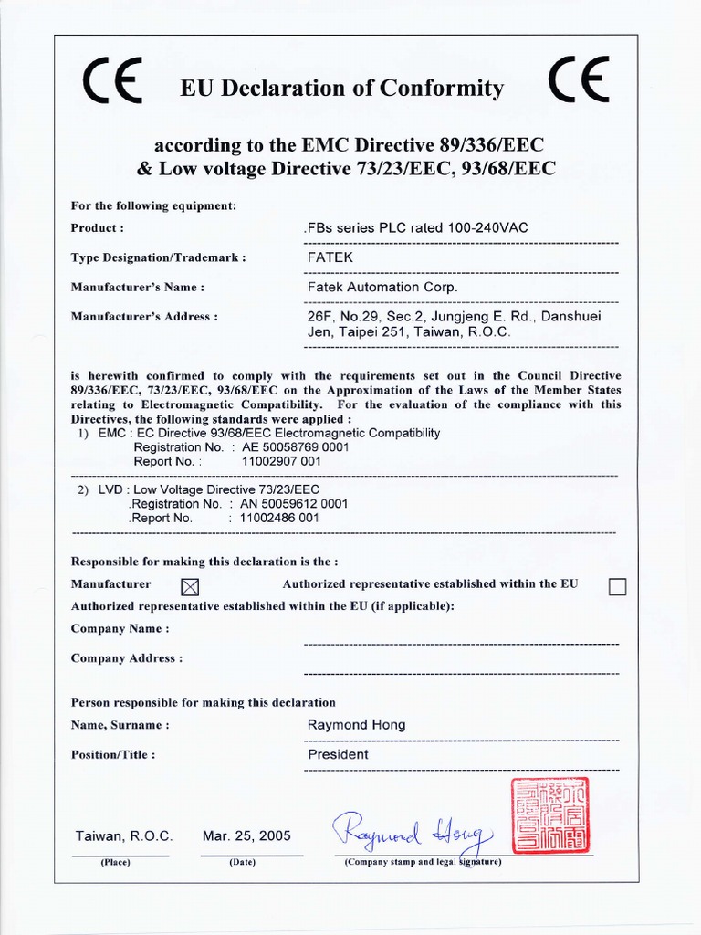 FBs CE Declaration of Conformity (EMC LVD) | PDF