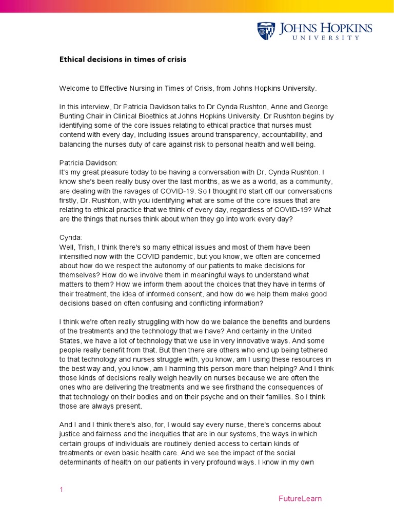 Ethical Nursing in Crisis Situations | PDF | Autonomy | Nursing