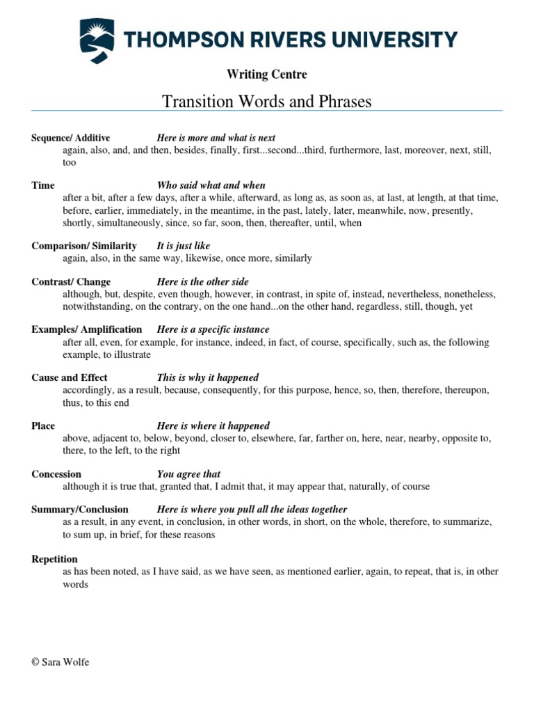 Transition Words and Phrases30248 | PDF | Language Arts & Discipline