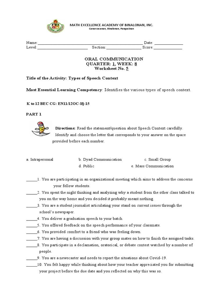 Oral Communication Worksheet No. 5 PDF