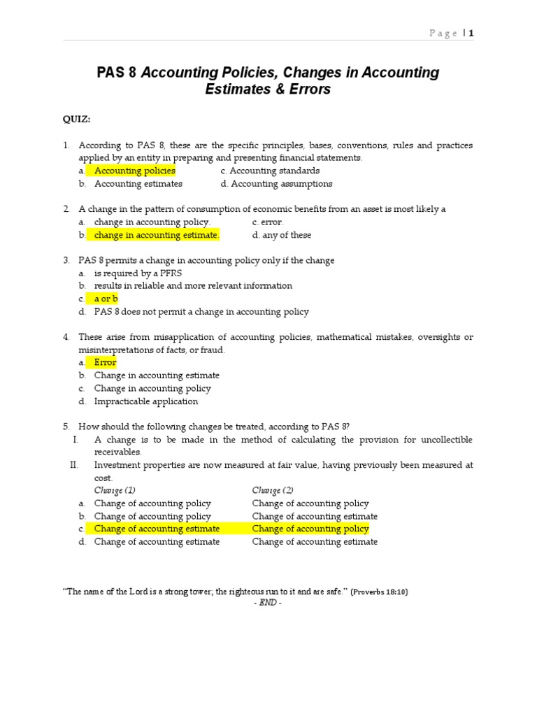 PAS 8: Accounting Policies and Estimates Quiz | PDF | Finance & Money ...