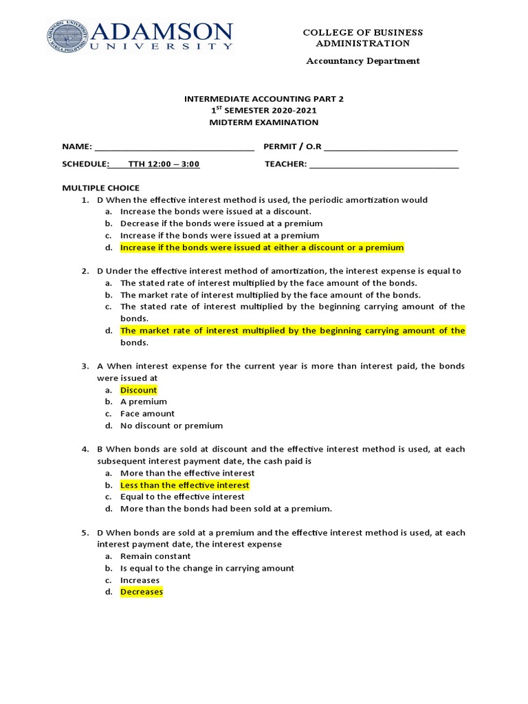 Intermediate Accounting 2 Midterm Exam | PDF | Equity (Finance) | Bonds ...