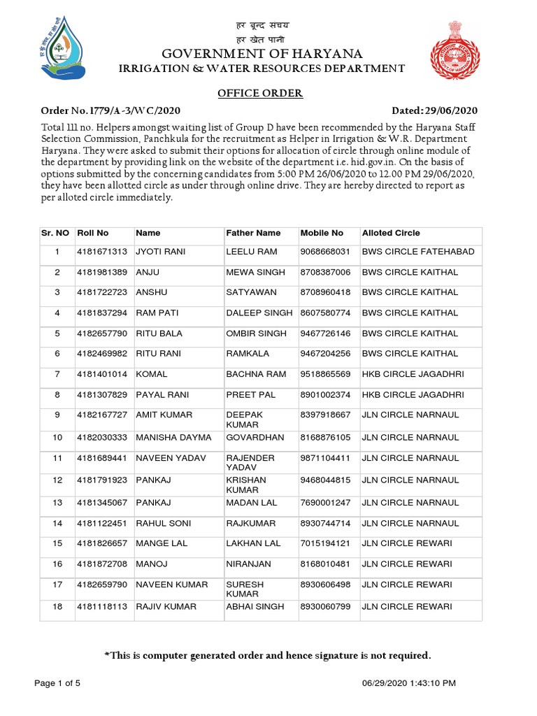 Government of Haryana Irrigation & Water Resources Department PDF