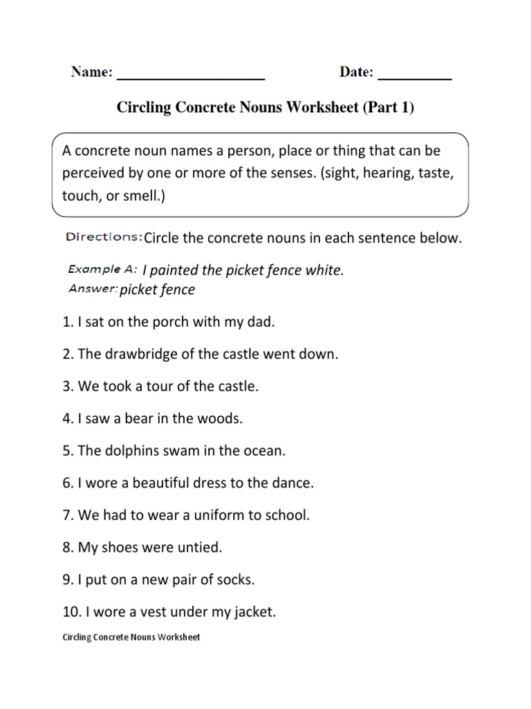 Circling Concrete Nouns Worksheet (Part 1) I Painted The Picket Fence