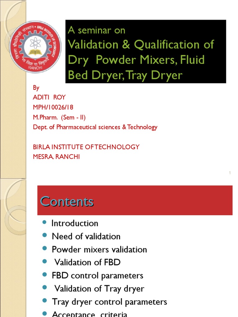Validation & Qualification of Dry Powder Mixers, Fluid Bed Dryer, Tray Dryer PDF