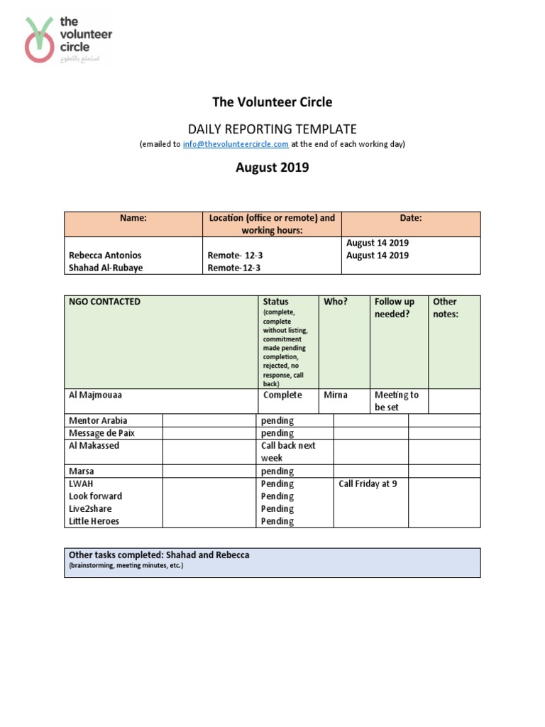 Daily Reporting Template: The Volunteer Circle | PDF | Business
