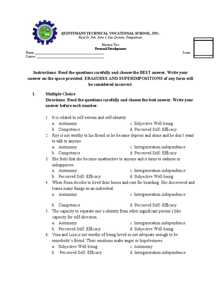 Mastery Test Pesrsonal Dev't PDF Emotional Intelligence Emotions