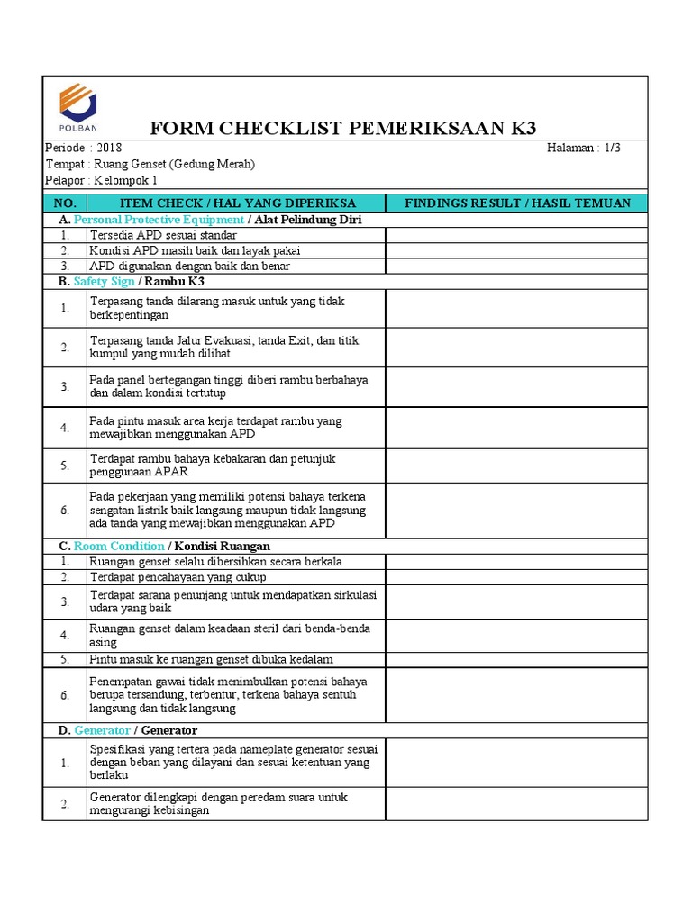 Checklist Inspeksi K3 Ruang Genset | PDF | Hukum | Sains & Matematika