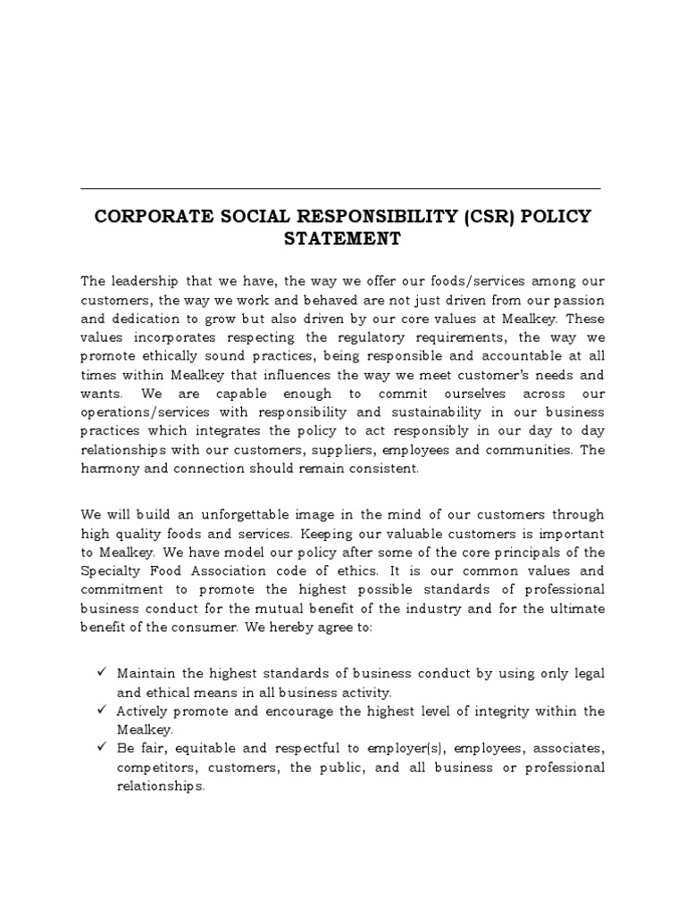 Mealkey Corporate Social Responsibility Policy | PDF | Occupational ...