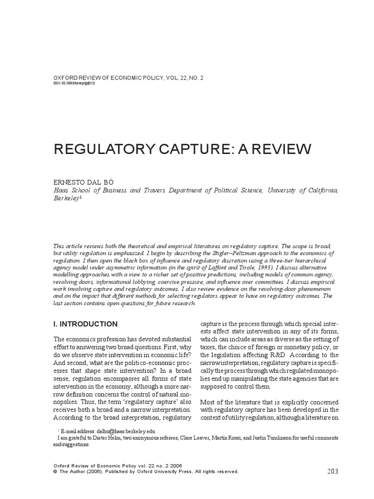 Regulatory Capture A Review PDF PDF Monopoly Profit (Economics)