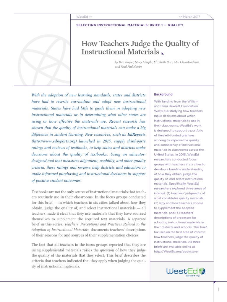Resource Selecting Instructional Materials Brief 1 Quality Pdf Pdf