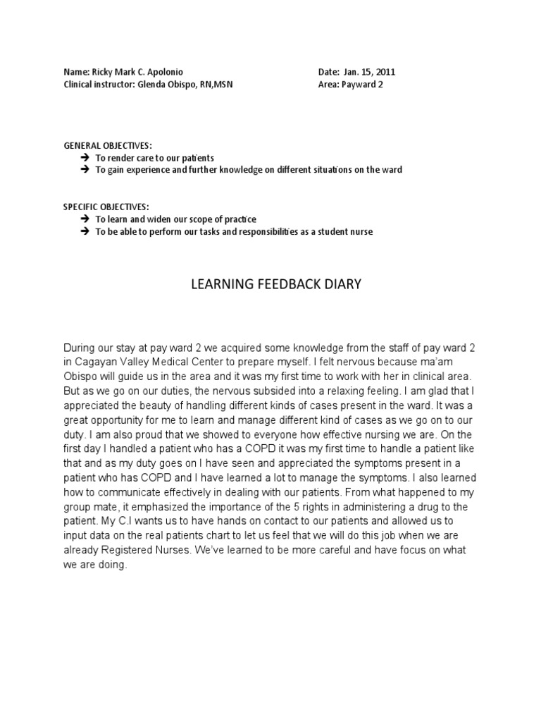 Learning Feedback Diary in Nursing | PDF | Career & Growth | Self ...