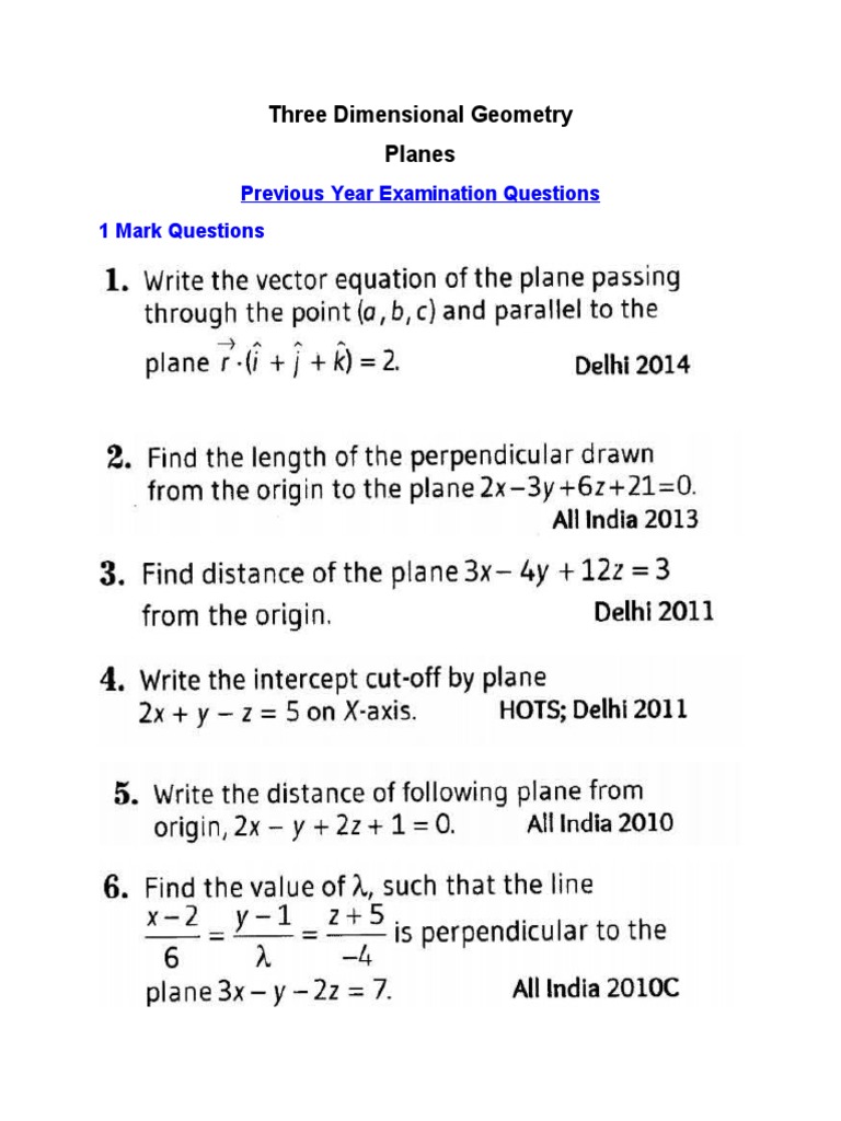Three Dimensional Geometry Exam Questions | PDF