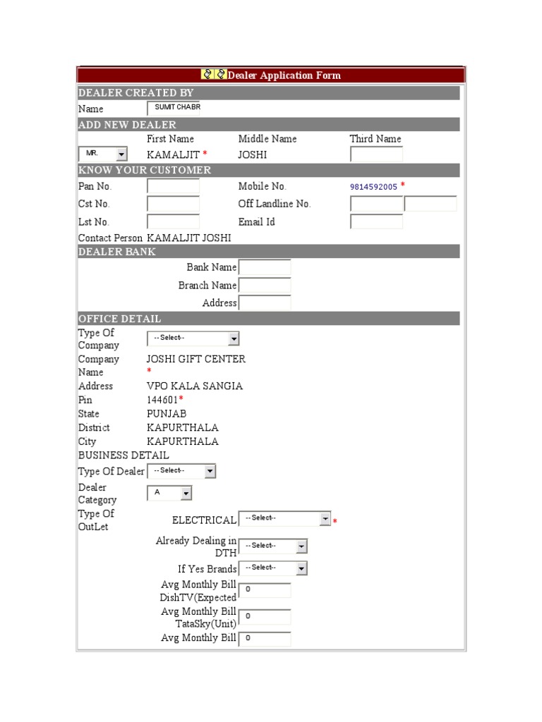 Sun Direct Reseller Registration Form | PDF | Finance & Money Management