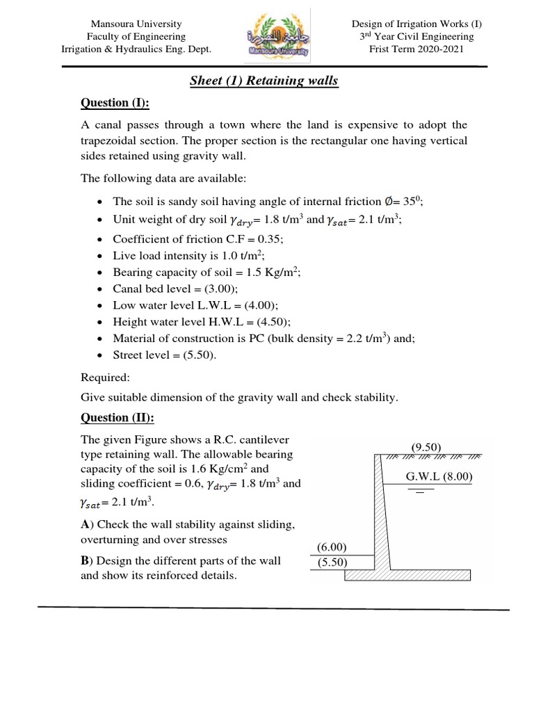 Sheet (1) Retaining Walls: Question (I) | PDF