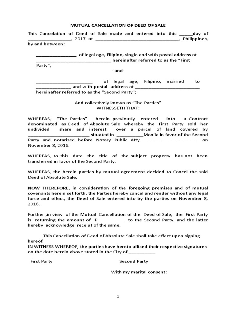 Sample MUTUAL CANCELLATION OF DEED OF SALE PDF Deed Notary Public