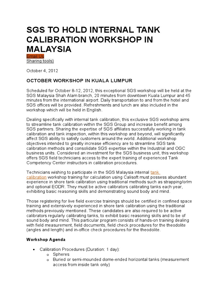SGS Internal Tank Calibration Workshop | PDF | Calibration | Audit