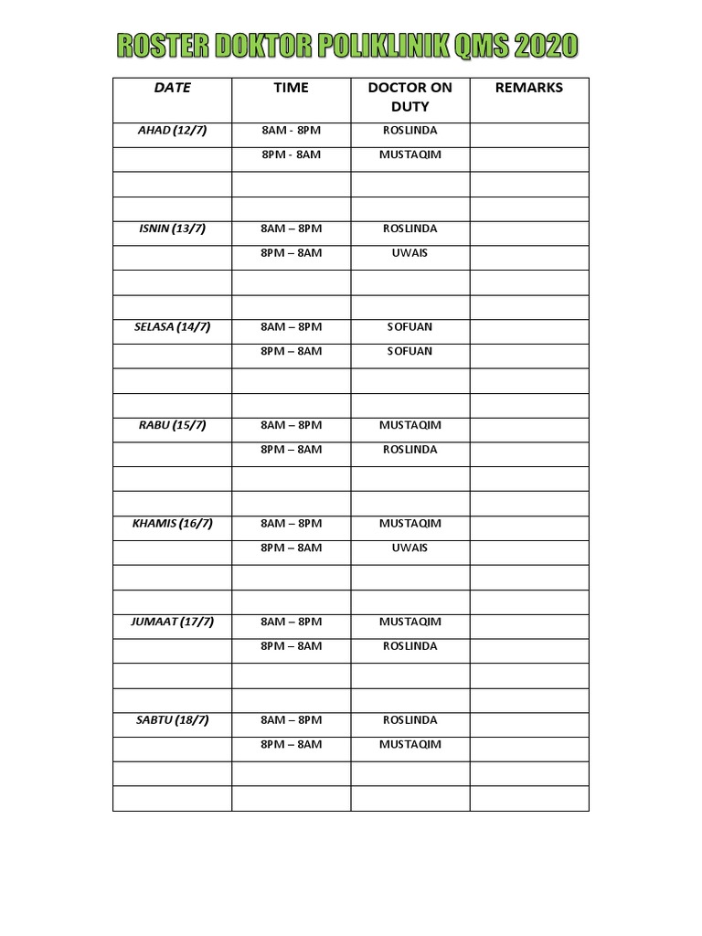 Weekly Doctor Duty Schedule | PDF