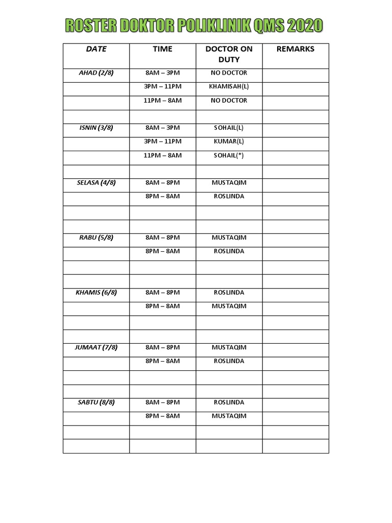 Roster DR QMS 4TH Week | PDF