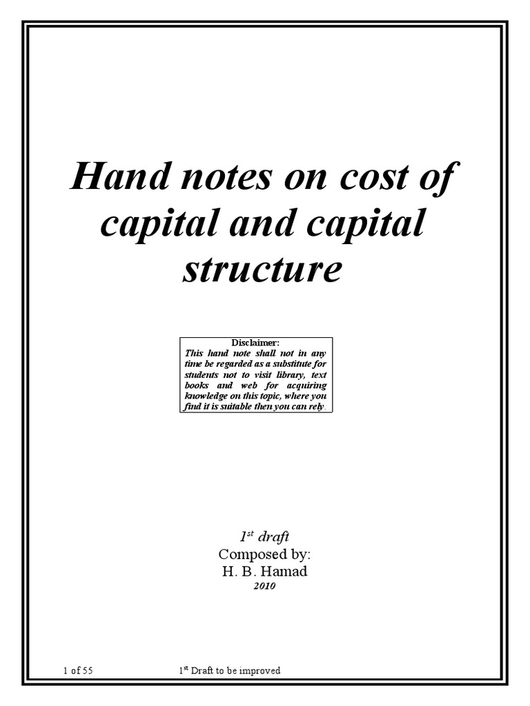 Hand Notes On Cost of Capital and Capital Structure: Composed By: H. B ...