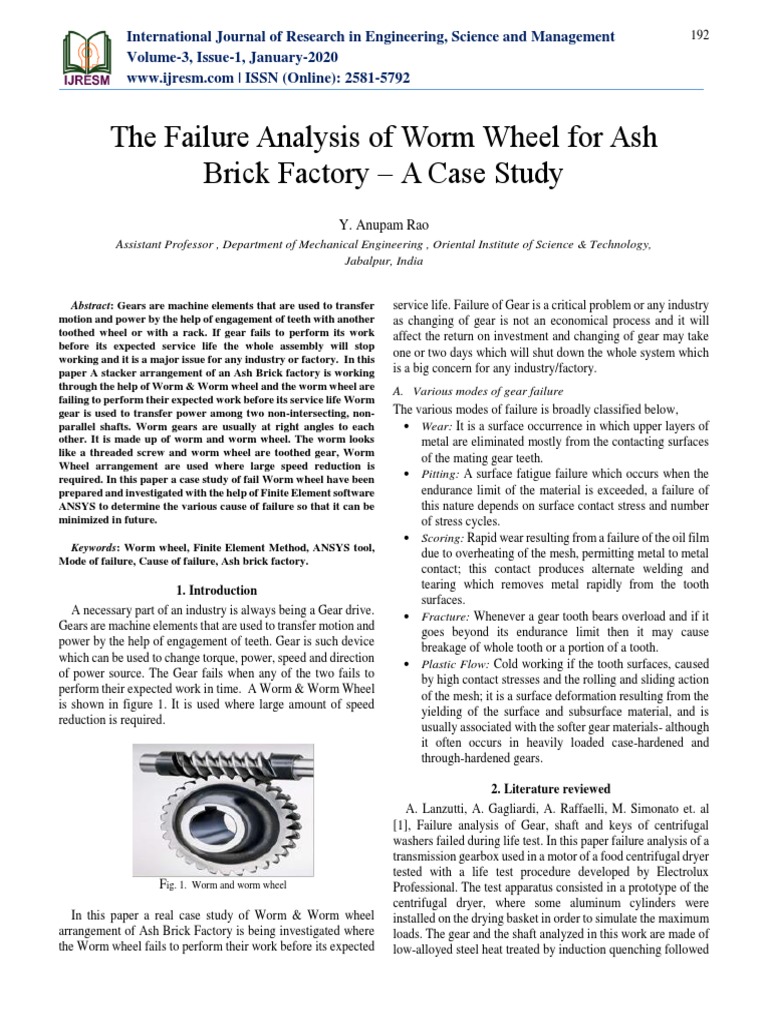 The Failure Analysis of Worm Wheel For Ash Brick Factory A Case Study