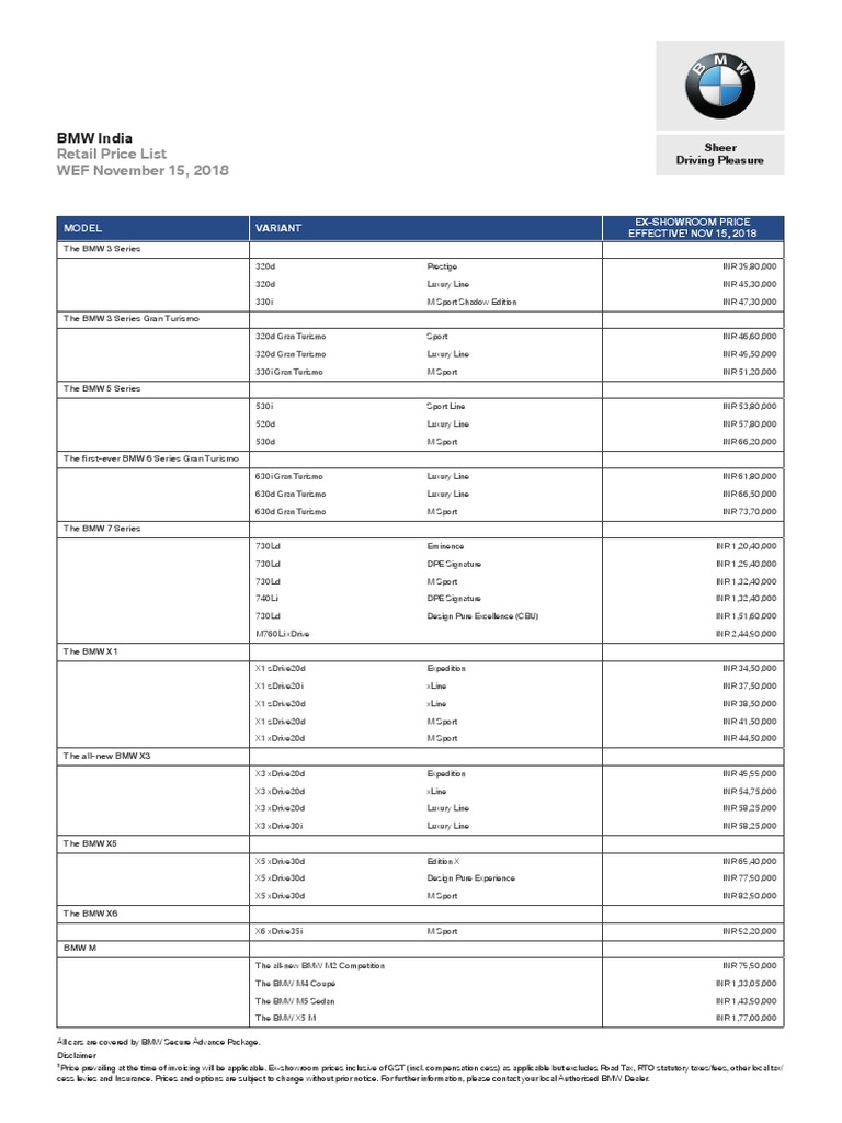 Retail Price List WEF November 15, 2018: BMW India | PDF | Bmw | Luxury ...