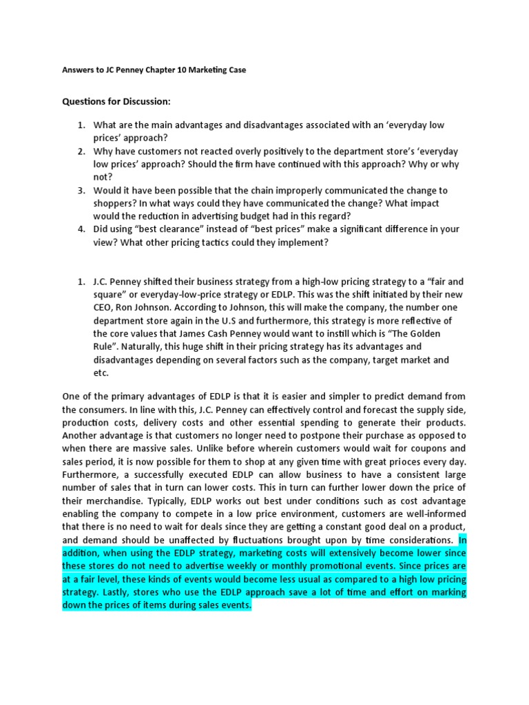 Answers To JC Penney Case PDF Pricing Retail