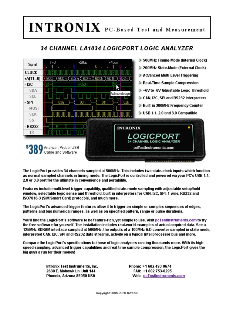 Intronix 34 Channel La1034 Logicport Logic Analyzer PDF Usb Electronic Engineering