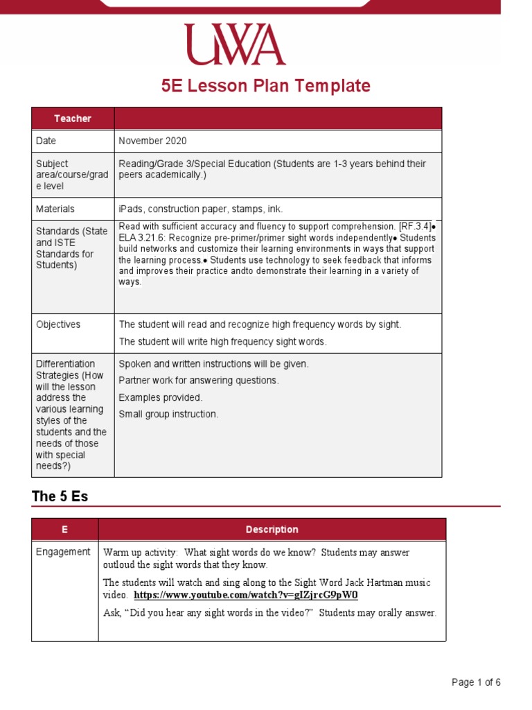 5E Lesson Plan Template: The 5 Es | PDF | Lesson Plan | Applied Psychology