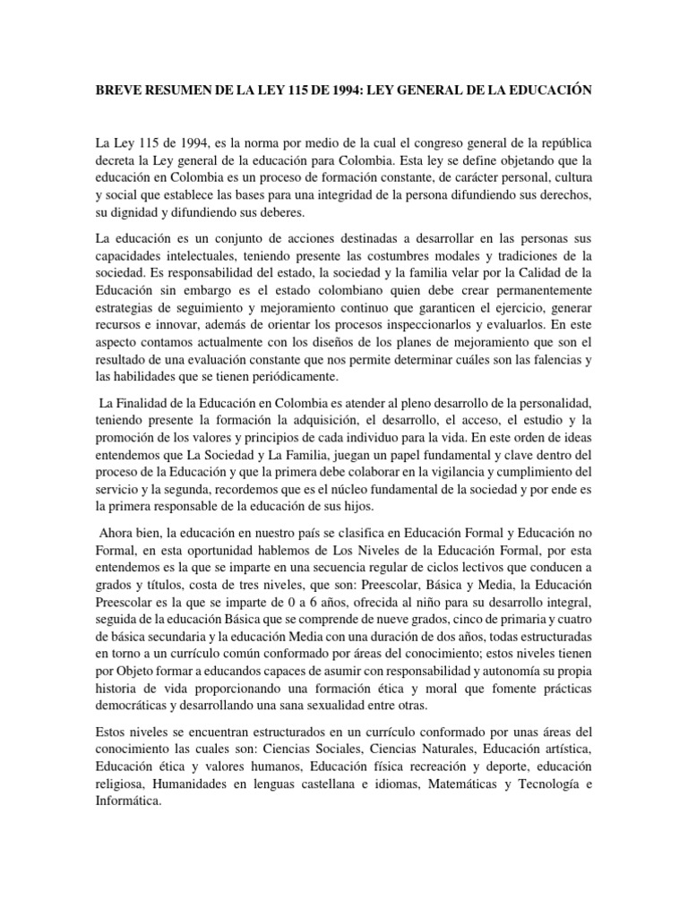 Breve Resumen De La Ley 115 De 1994 Pdf Educación Primaria