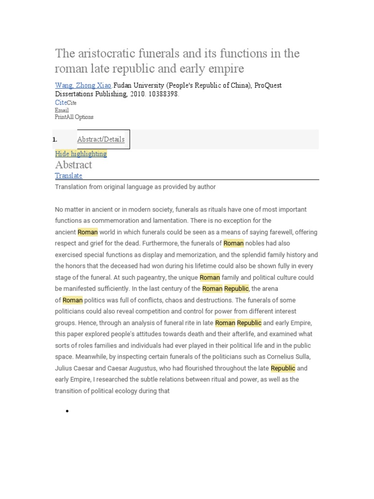 The Aristocratic Funerals and Its Functions in The Roman Late Republic