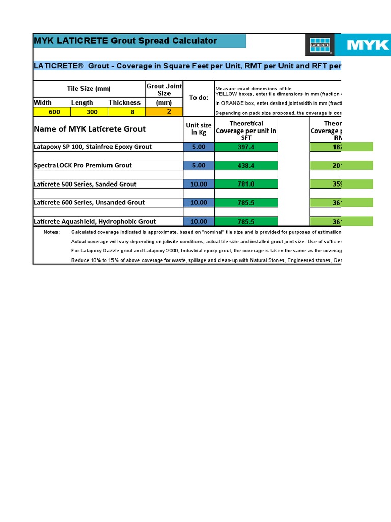 MYK LATICRETE Grout Spread Calculator PDF Tile Teaching Mathematics