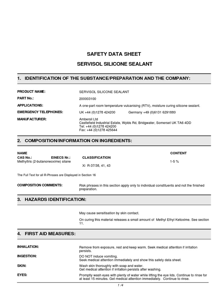 Safety Data Sheet Servisol Silicone Sealant: 1. Identification of The ...