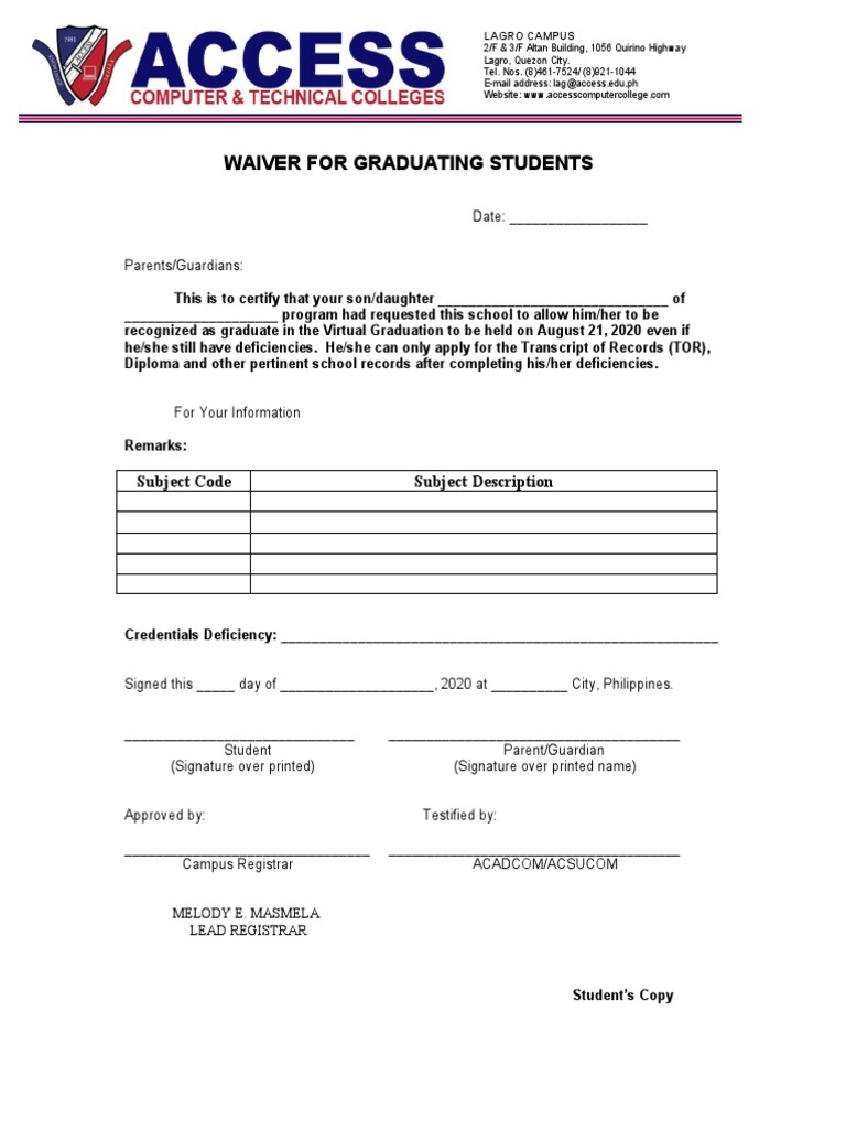 Waiver For Graduating Students: Subject Code Subject Description | PDF