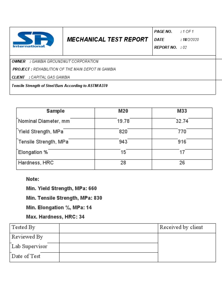 Mechanical Test Results For Steel Bars And Bolts Used In The