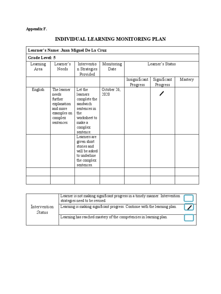 Individual Learning Monitoring Plan: Learner's Name: Juan Miguel de La ...