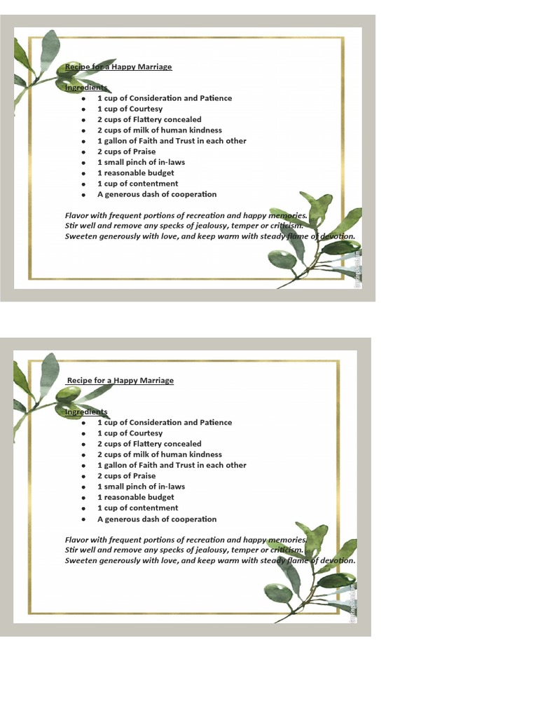 Recipe For A Happy Marriage | PDF for Free Printable Recipe For A Happy Marriage Printable