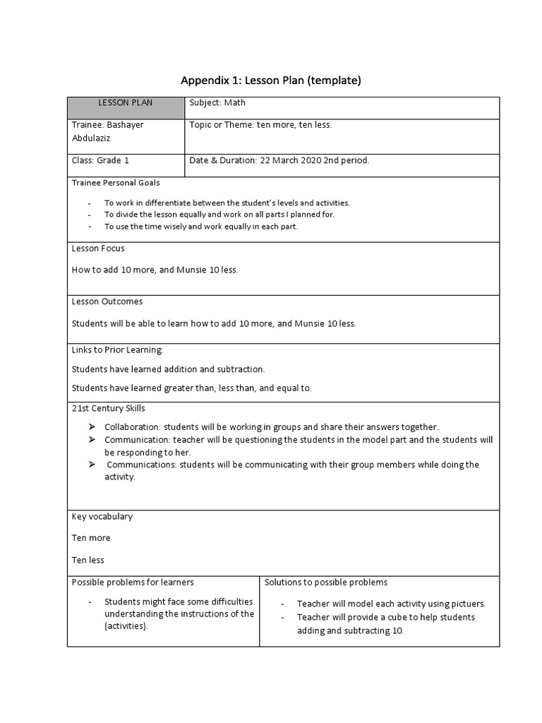 Grade 1 Math Lesson Plan | PDF | Lesson Plan | Neuropsychological ...