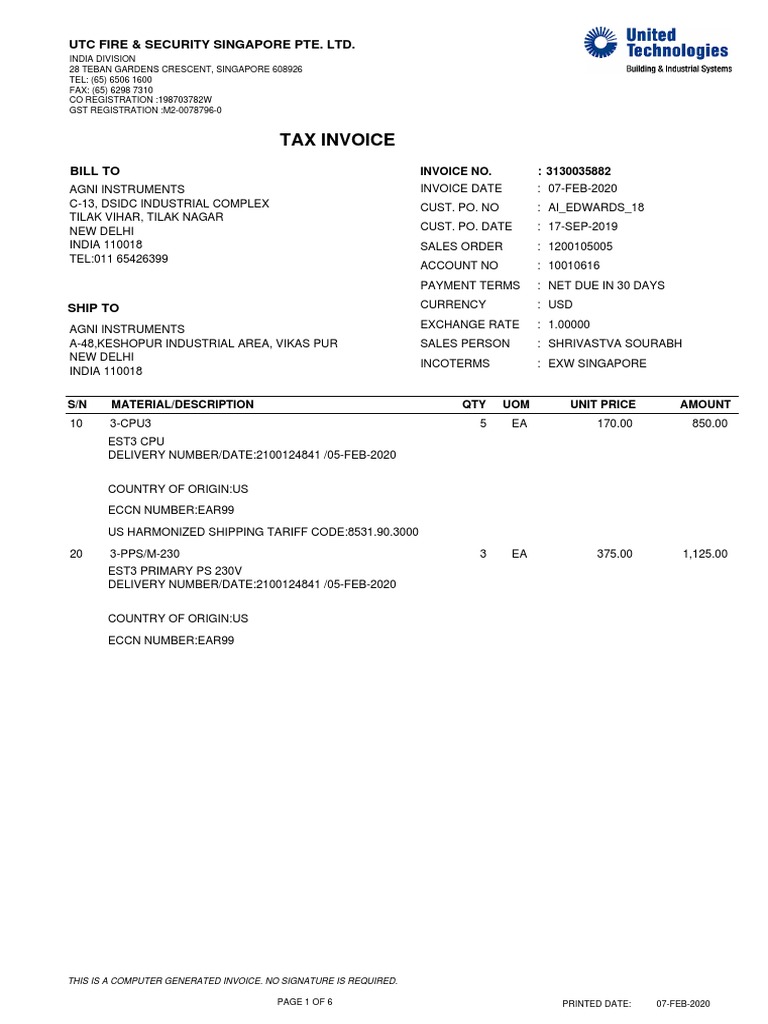 Tax Invoice: Utc Fire & Security Singapore Pte. LTD | PDF | Invoice | Value  Added Tax