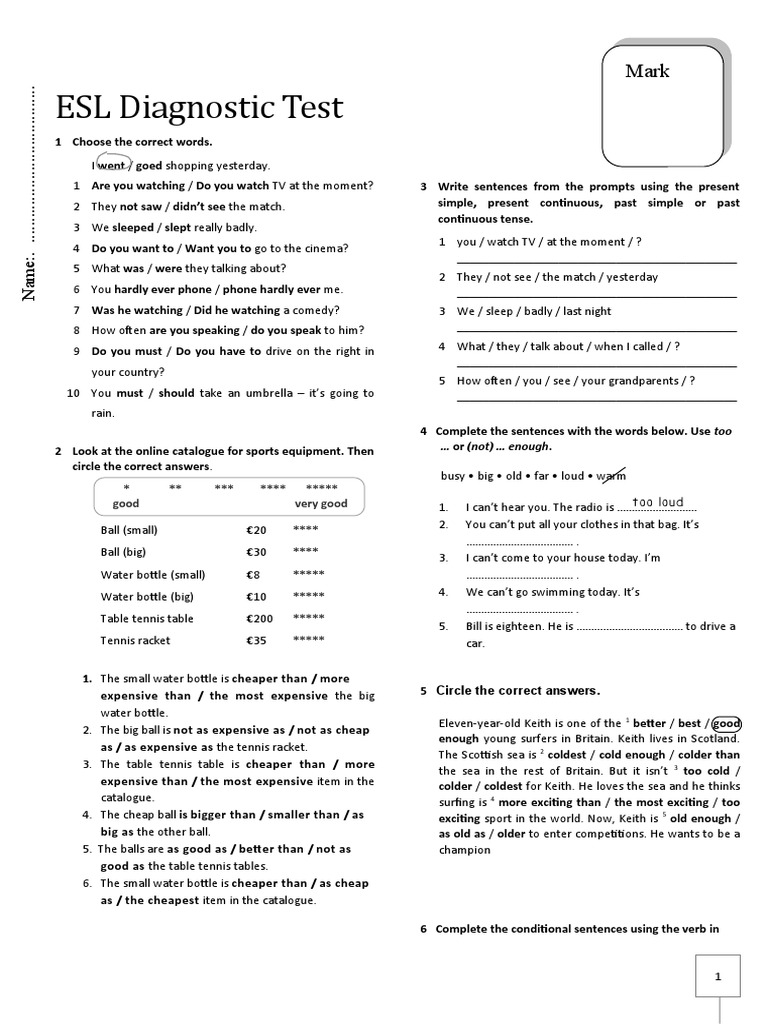 ESL Diagnostic Test Good Very Good PDF Writers Question