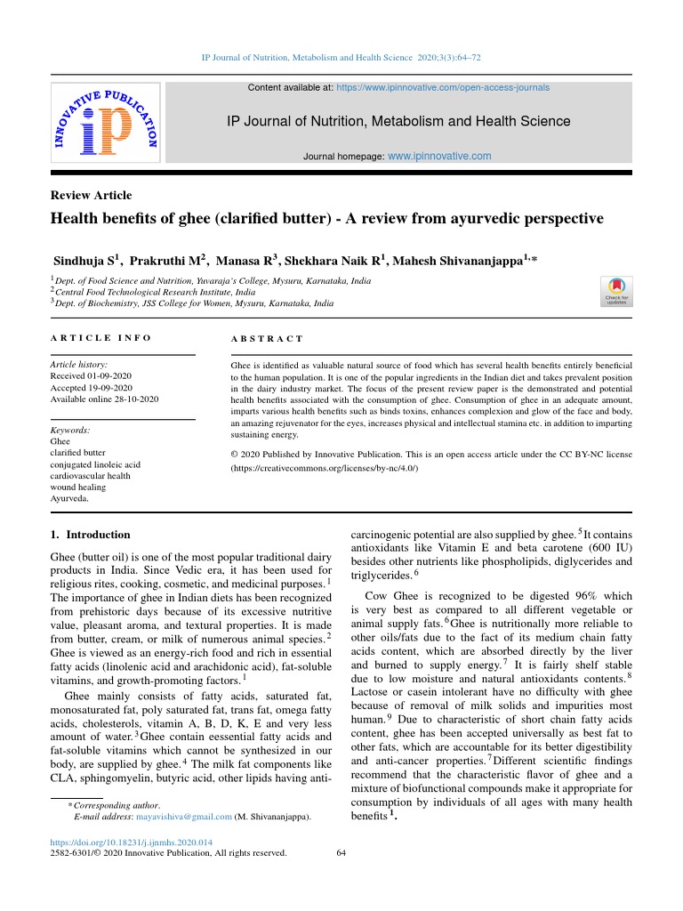 Health Benefits of Ghee (Clarified Butter) A Review From Ayurvedic