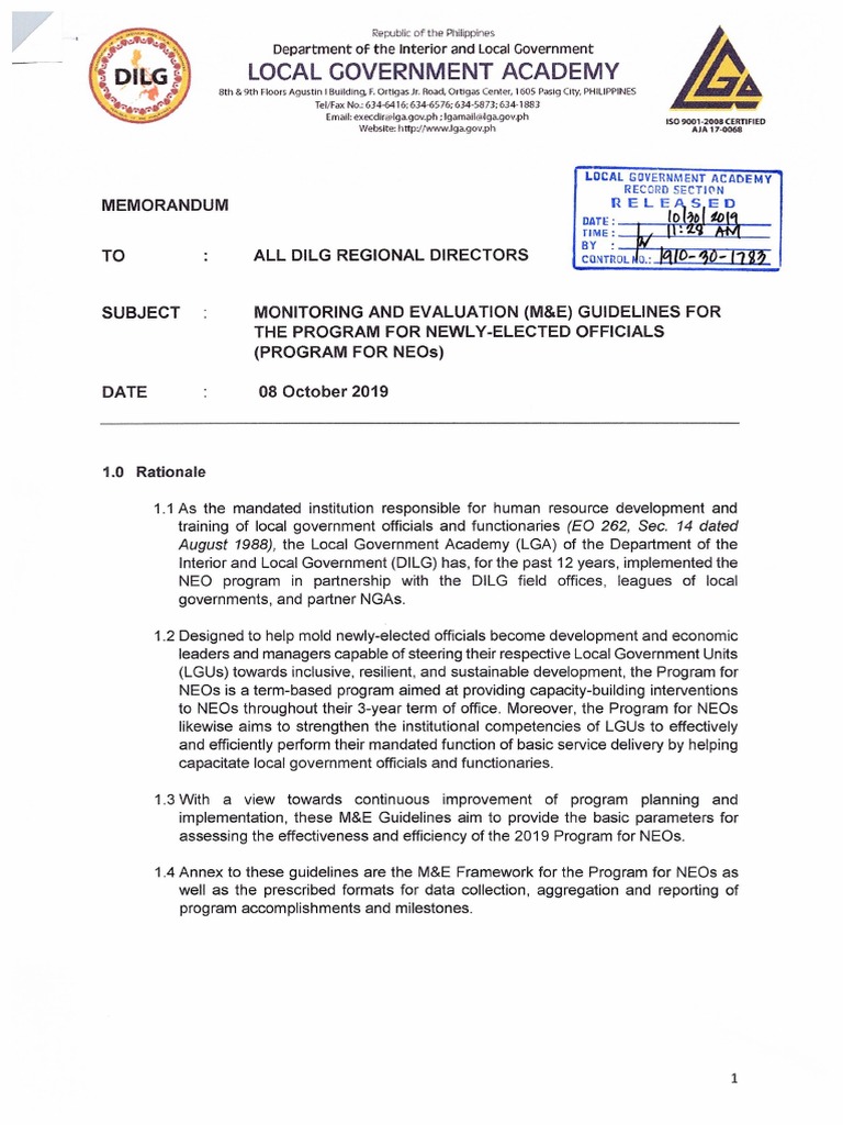 1910 30 1783 Memo Re Monitoring and Evaluation ME Guidelines For The ...